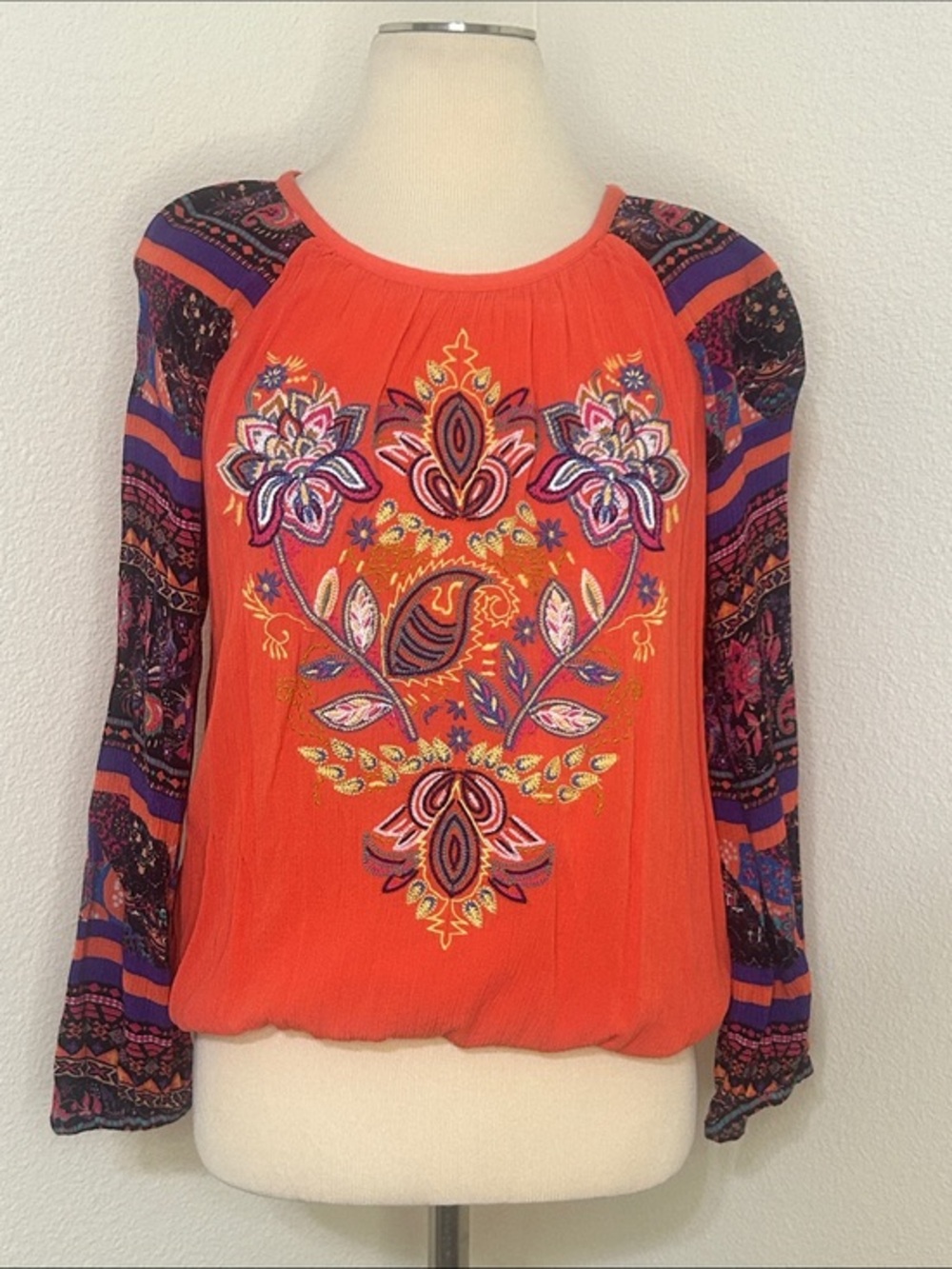 Soft Surroundings Orange Embroidered Boho Long-Sleeve Top Size PS Petite Small